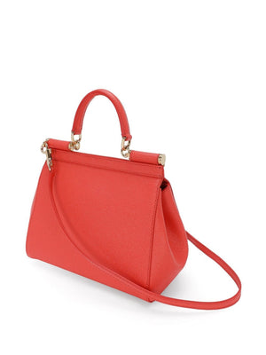 DOLCE & GABBANA Sicily Medium Coral Red Leather Handbag