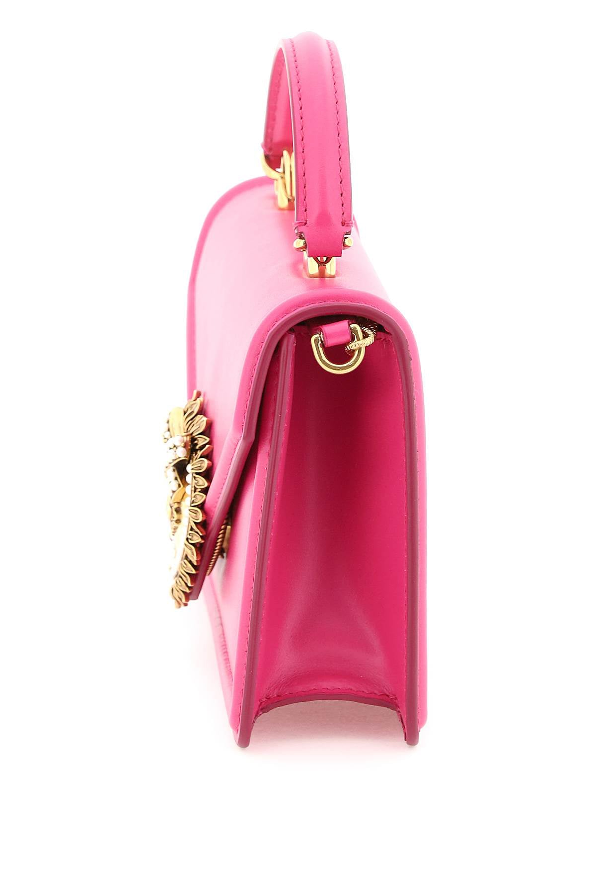 DOLCE & GABBANA Small Devotion Pink Leather Handbag with Pearl-Embellished Heart and Chain Strap