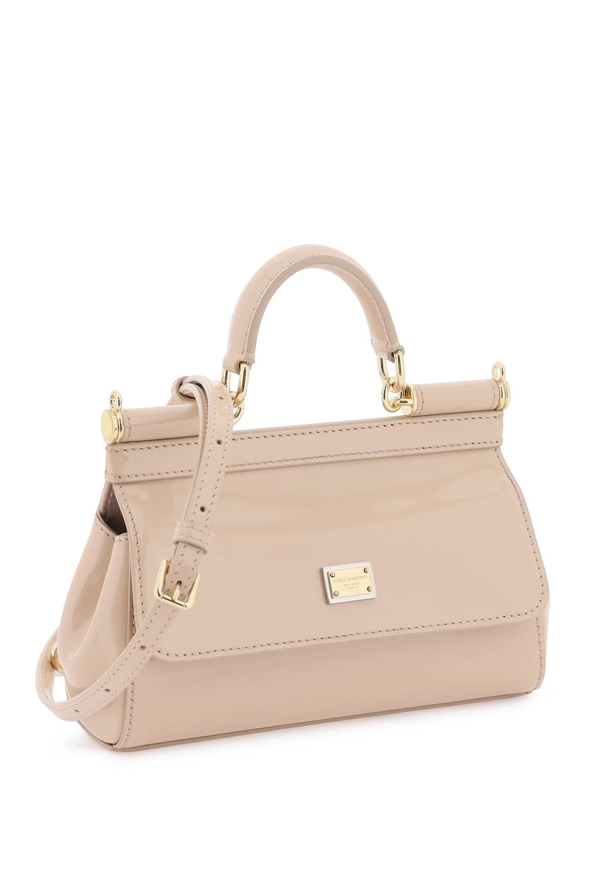 DOLCE & GABBANA Beige Patent Leather Mini Sicily Handbag with Gold Accents and Leopard Print Interior