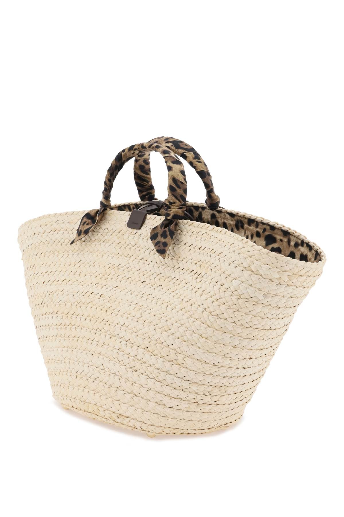 DOLCE & GABBANA Kendra Tote Handbag in Woven Straw with Leopard Print Silk Handles
