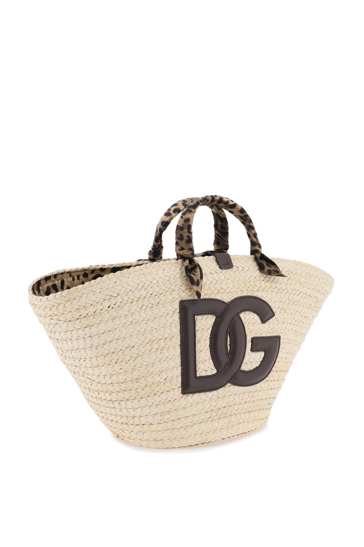 DOLCE & GABBANA Kendra Tote Handbag in Woven Straw with Leopard Print Silk Handles