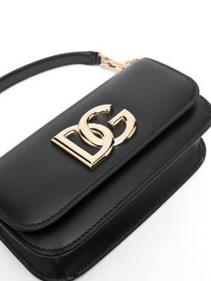 DOLCE & GABBANA Black Leather Handbag for Women - Magnetic Flap Closure, Removable Handle, Chain Strap, Gold-Tone Hardware, 19x11x5 cm