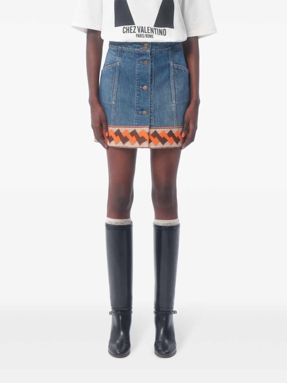 VALENTINO Thigh-Length Denim Mini Skirt with Front Button Fastening