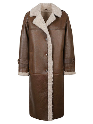 ENES Camel Shearling Long Jacket with V-Neck and Decorative Buttons