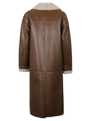 ENES Camel Shearling Long Jacket with V-Neck and Decorative Buttons