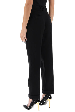 BALMAIN High-Waisted Wool Crepe Cuffed Trousers for Women in Black