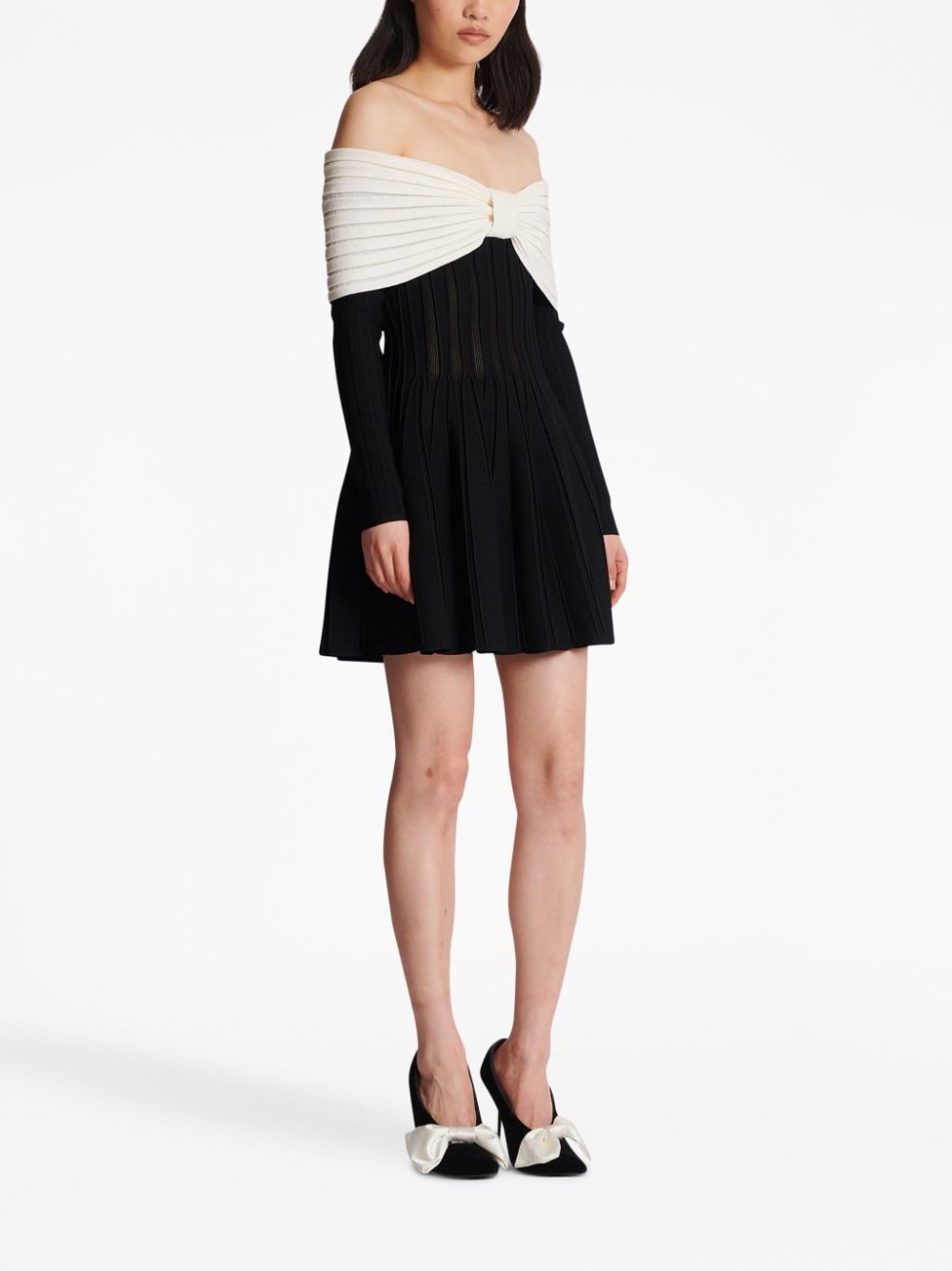 BALMAIN Black Off-Shoulder Knit Dress with Two-Tone Colorblock and Pleated Skirt
