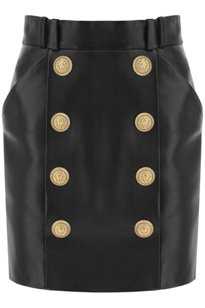 BALMAIN Luxurious Leather Mini Skirt with Lion-Head Buttons