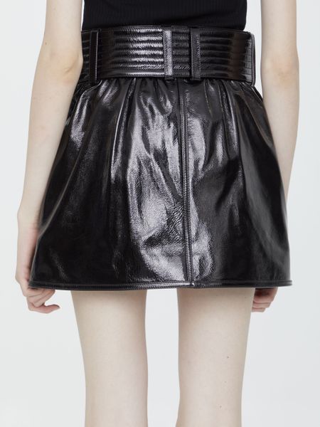 BALMAIN Black Patent Leather Belted Short Skirt for Women