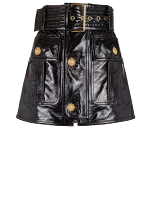 BALMAIN Italian Leather Buckle Miniskirt - Black