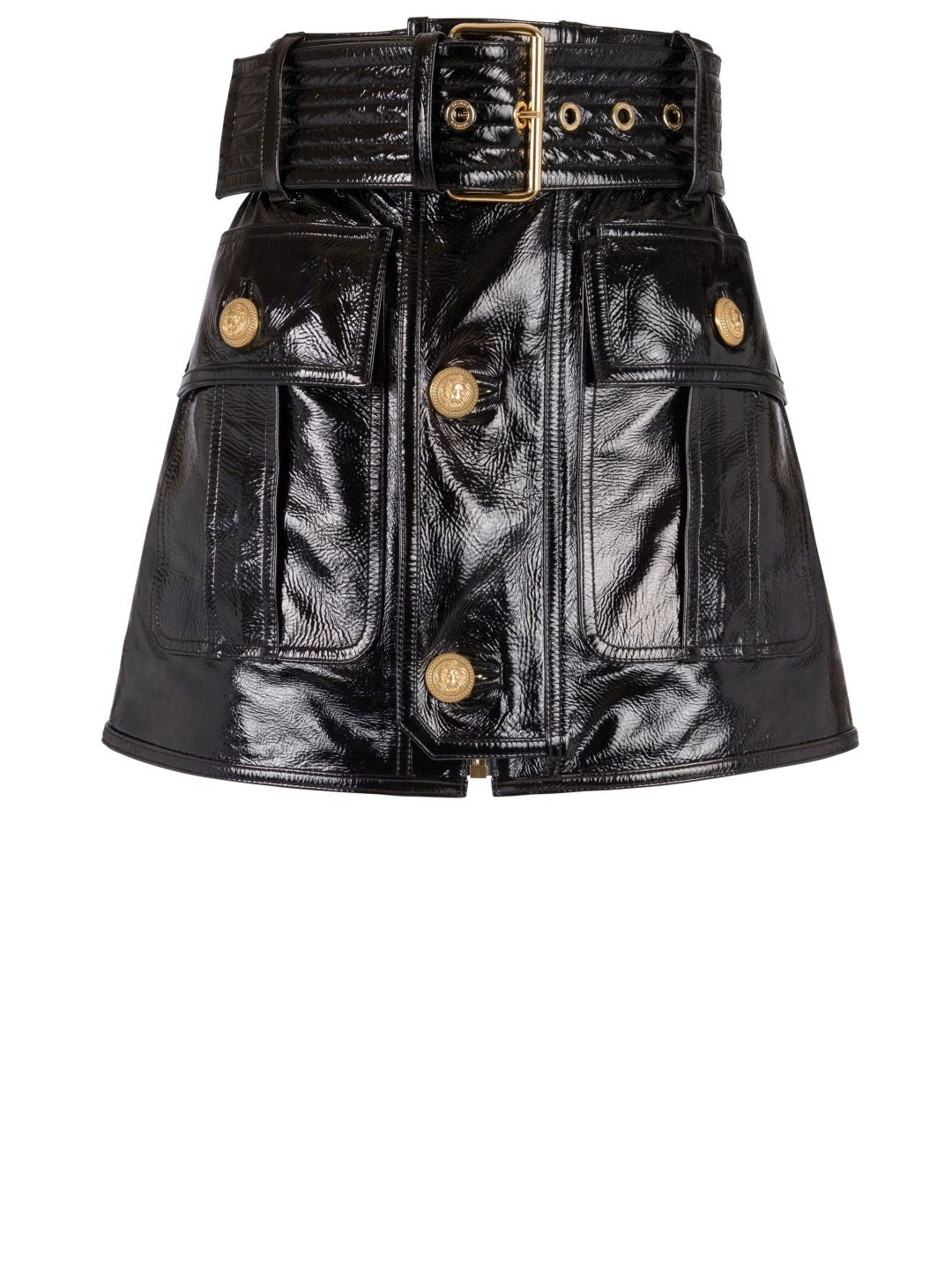 BALMAIN Italian Leather Buckle Miniskirt - Black