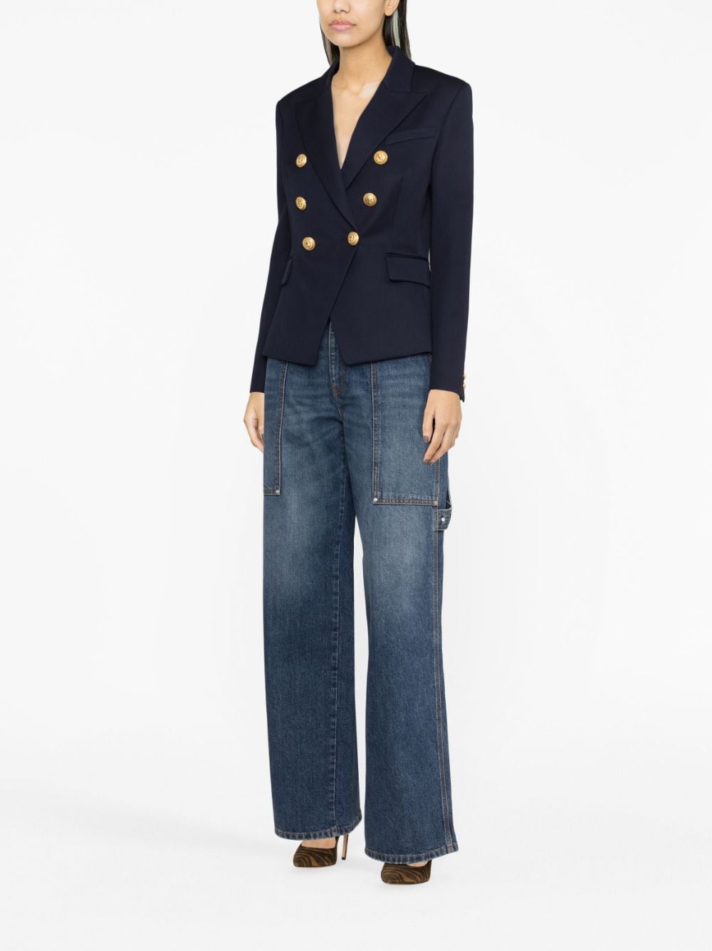 BALMAIN Double-Breasted Wool Blazer in Navy Blue for Women