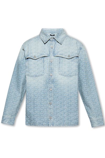 BALMAIN Jacquard Monogram Button Down Shirt in Blue Jeans