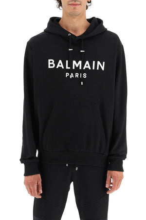 BALMAIN Men's Black Cotton Hoodie with Ribbed Cuffs and Hem