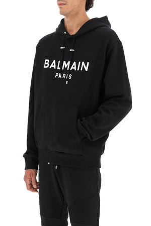 BALMAIN Men's Black Cotton Hoodie with Ribbed Cuffs and Hem