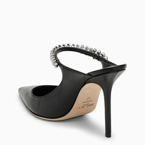 JIMMY CHOO Black Leather Crystal Strap Sabot with Pointed Design and Slim Heel