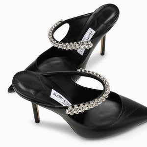 JIMMY CHOO Black Leather Crystal Strap Sabot with Pointed Design and Slim Heel