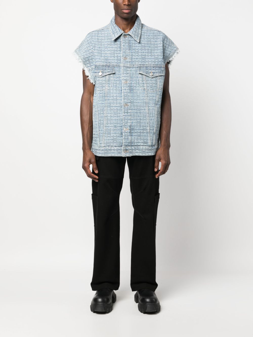 GIVENCHY Mens 4G-Pattern Denim Vest with Monogram Pattern and Frayed Edge