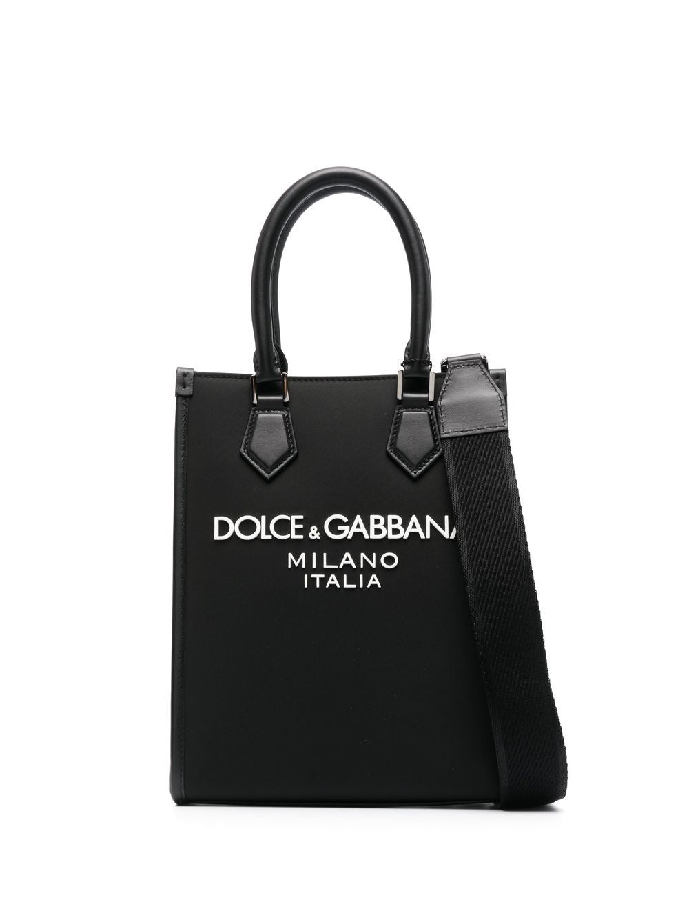 DOLCE & GABBANA Mini Black Nylon Tote with Leather Accents and Logo Detail, Magnetic Closure, and Adjustable Shoulder Strap for Men