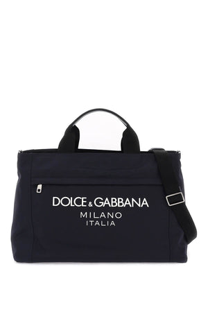 DOLCE & GABBANA Blue Rubberized Logo Nylon Duffle Handbag for Men