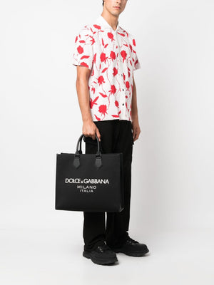 DOLCE & GABBANA Large Embossed Logo Nylon Tote Bag with Leather Accents and Shoulder Strap for Men