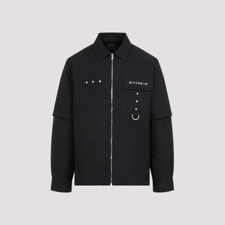 GIVENCHY Men's Black Cotton Zip-Up Shirt with Detachable Sleeves and Stud Embellishment