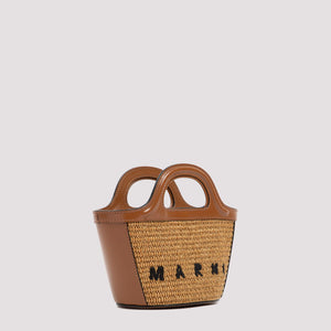 MARNI Tropical-Inspired Bucket Handbag with Raffia Panels and Leather Details