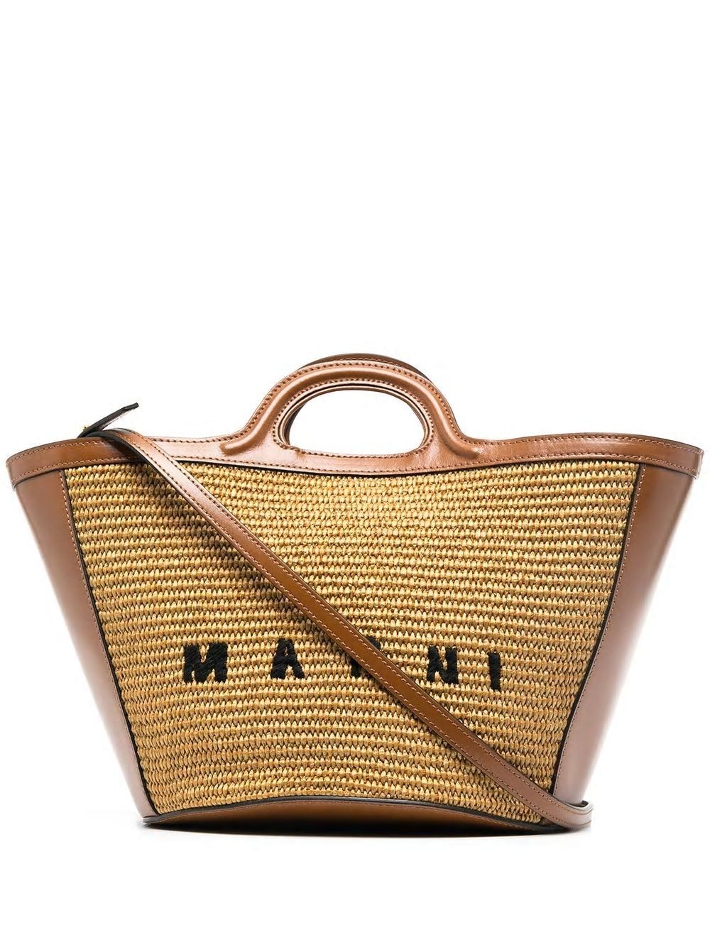MARNI Tropical Mini Beige Tote Bag for Women - Cotton and Leather Blend 40cm x 27cm x 21cm