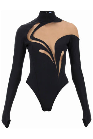 MUGLER Swirly Bodysuit with Contrasting Mesh and Graphic Design