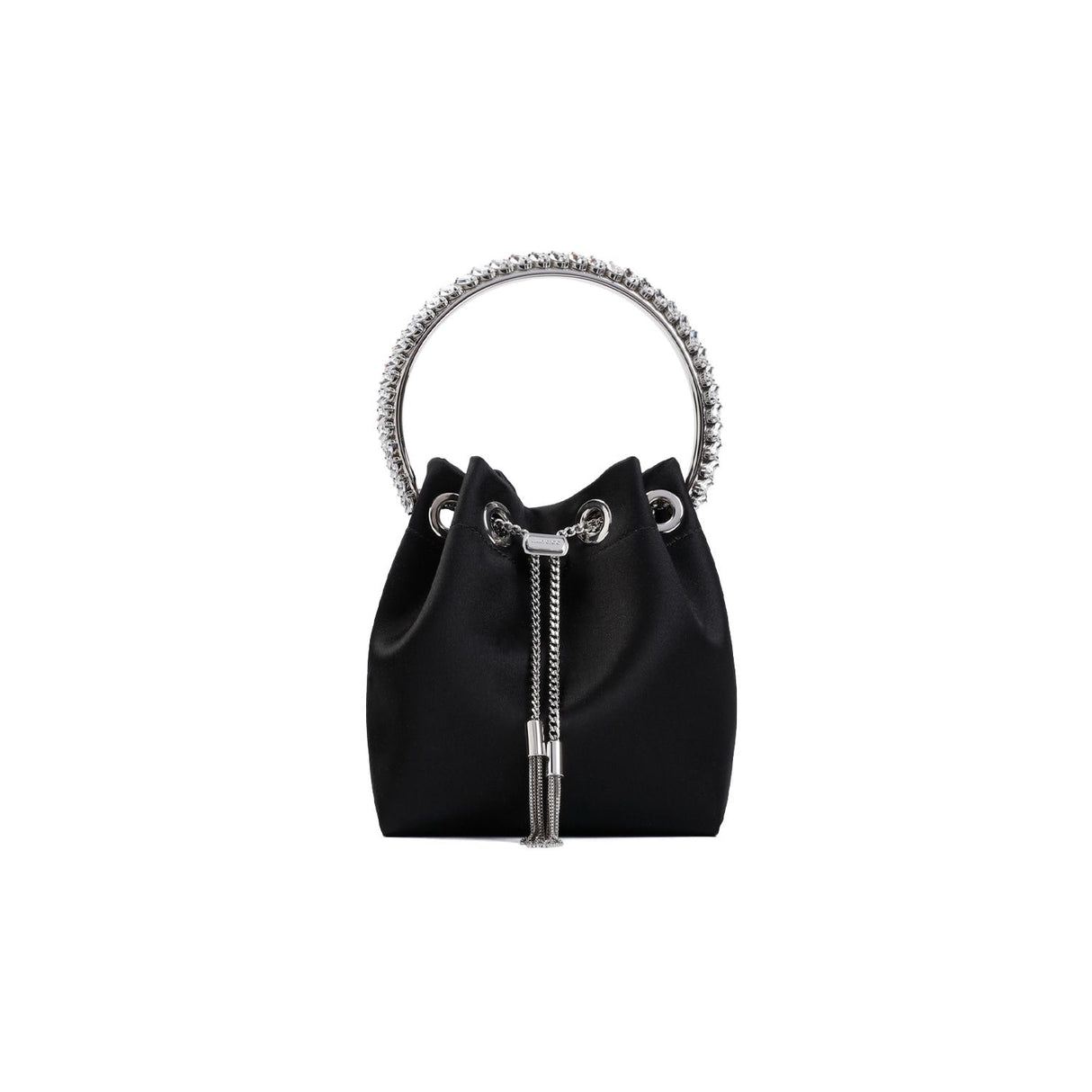 JIMMY CHOO BON BON BUCKET Handbag - Satin with Rigid Metal Handle and Crystal Embellishments