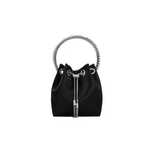 JIMMY CHOO BON BON BUCKET Handbag - Satin with Rigid Metal Handle and Crystal Embellishments