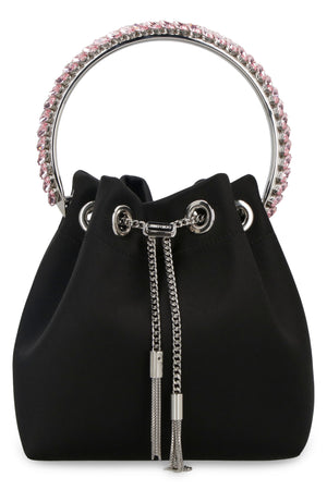 JIMMY CHOO BON BON BUCKET Handbag - Satin with Rigid Metal Handle and Crystal Embellishments