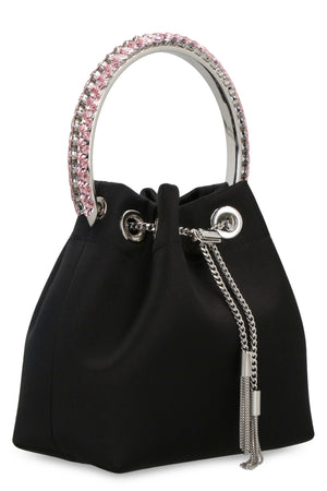 JIMMY CHOO BON BON BUCKET Handbag - Satin with Rigid Metal Handle and Crystal Embellishments