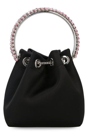 JIMMY CHOO BON BON BUCKET Handbag - Satin with Rigid Metal Handle and Crystal Embellishments