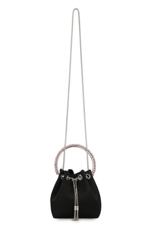 JIMMY CHOO BON BON BUCKET Handbag - Satin with Rigid Metal Handle and Crystal Embellishments