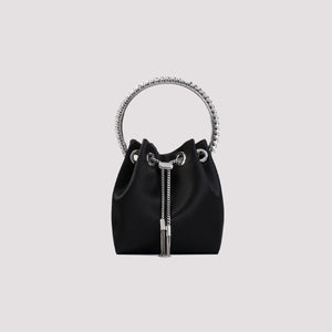 JIMMY CHOO BON BON BUCKET Handbag - Satin with Rigid Metal Handle and Crystal Embellishments