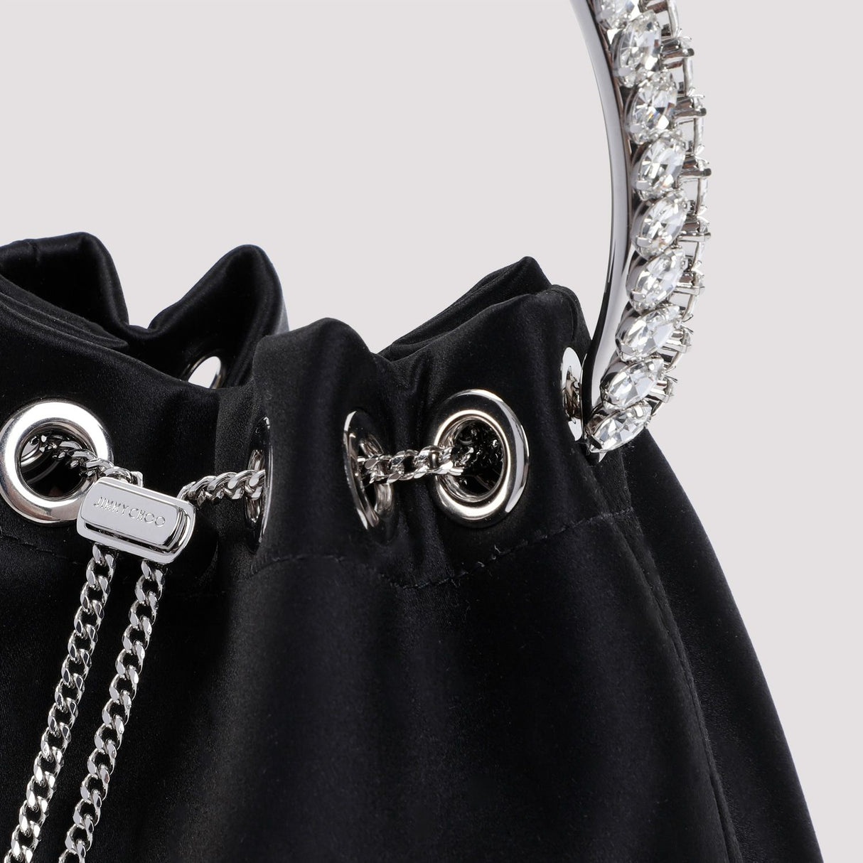 JIMMY CHOO BON BON BUCKET Handbag - Satin with Rigid Metal Handle and Crystal Embellishments