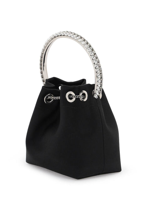 JIMMY CHOO BON BON BUCKET Handbag - Satin with Rigid Metal Handle and Crystal Embellishments