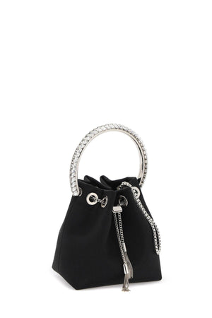 JIMMY CHOO BON BON BUCKET Handbag - Satin with Rigid Metal Handle and Crystal Embellishments