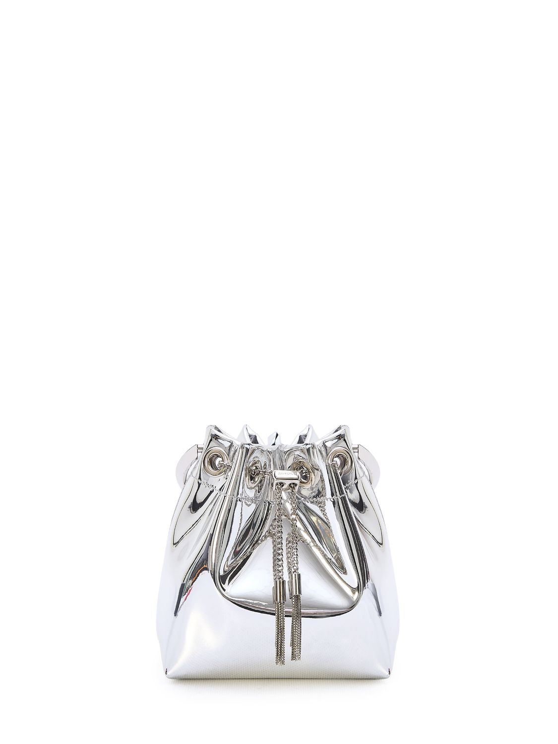 JIMMY CHOO The Bon Bon Bucket Handbag in Mirror-Effect Metallic Fabric