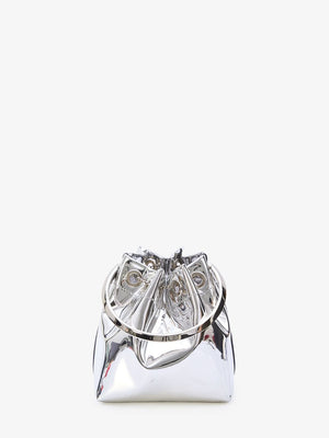 JIMMY CHOO Silver Mirror Mini Bucket Handbag with Metal Handle and Tassel Detail, 14x15x9.5 cm
