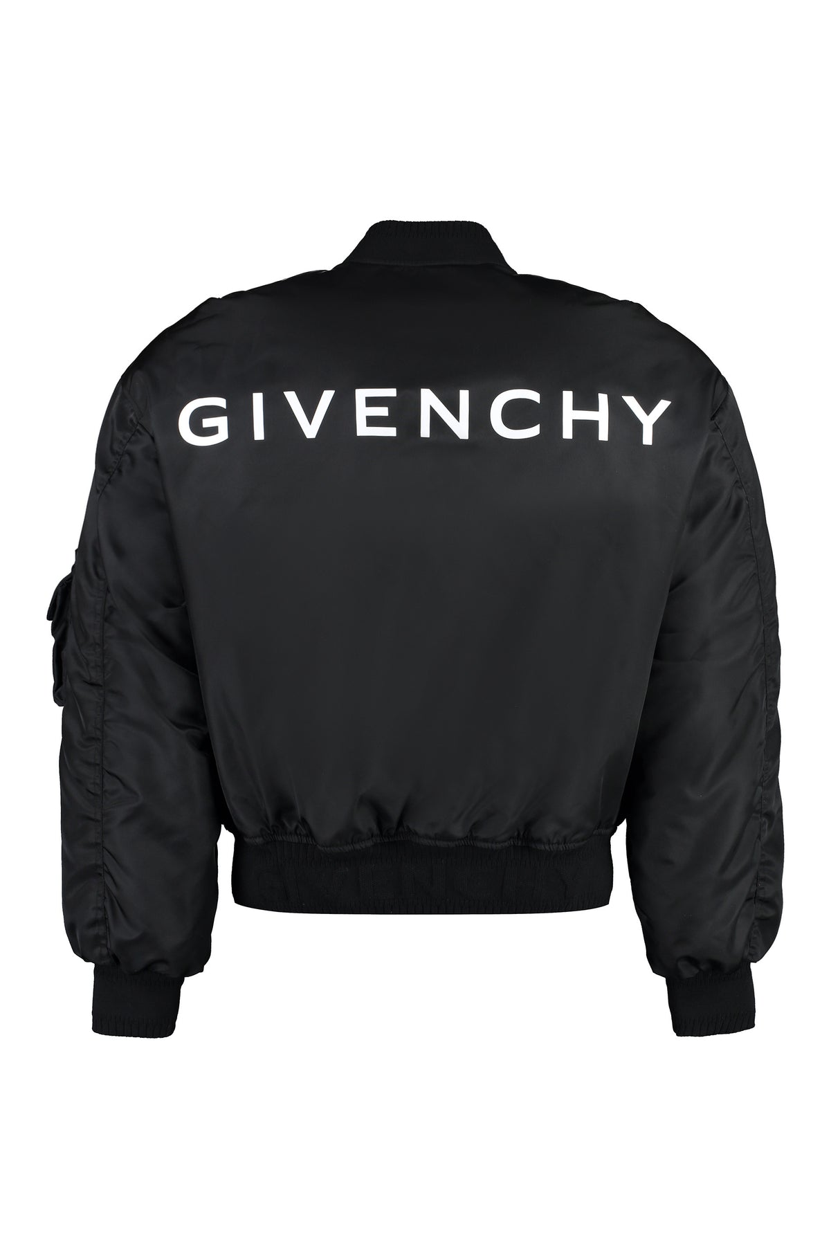 GIVENCHY Black Nylon Bomber Jacket with Logo Lettering and Multiple Pockets