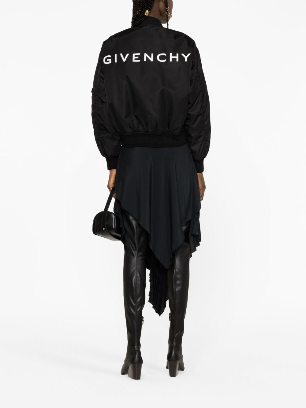 GIVENCHY Black Nylon Bomber Jacket with Logo Lettering and Multiple Pockets