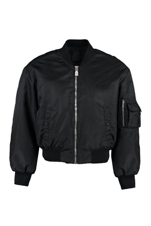 GIVENCHY Black Nylon Bomber Jacket with Logo Lettering and Multiple Pockets