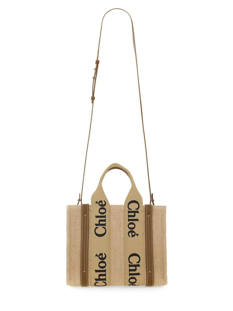 CHLOÉ Mini Linen and Leather Tote Handbag