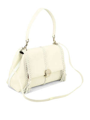 CHLOÉ Penelope Medium White Leather Shoulder Bag with Braided Detail and Metallic Closure