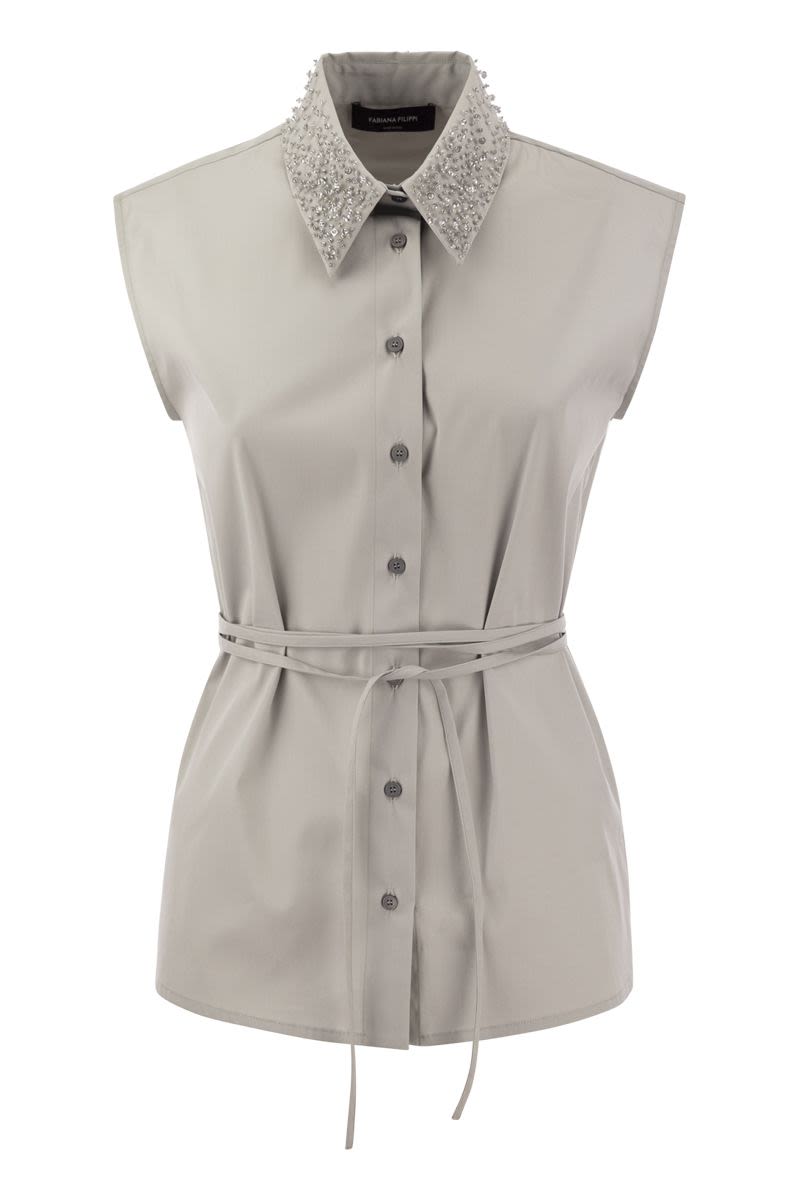 FABIANA FILIPPI Gray Sleeveless Shirt with Rhinestone Embellishments and Matching Belt