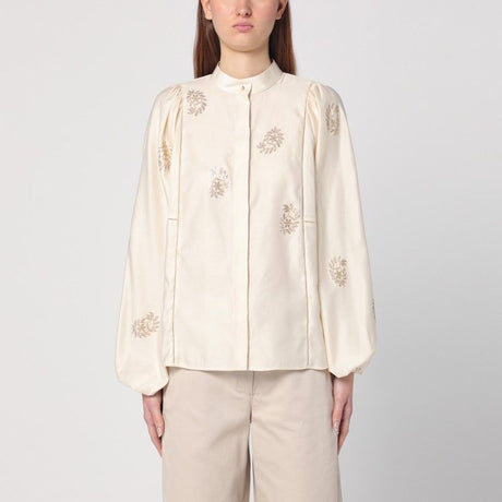 MAX MARA Ivory Cotton Satin Balloon Sleeve Shirt