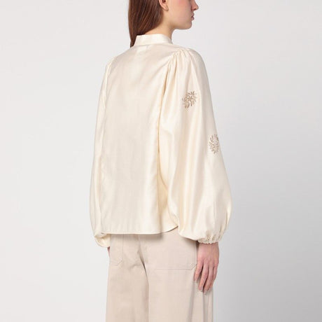 MAX MARA Ivory Cotton Satin Balloon Sleeve Shirt