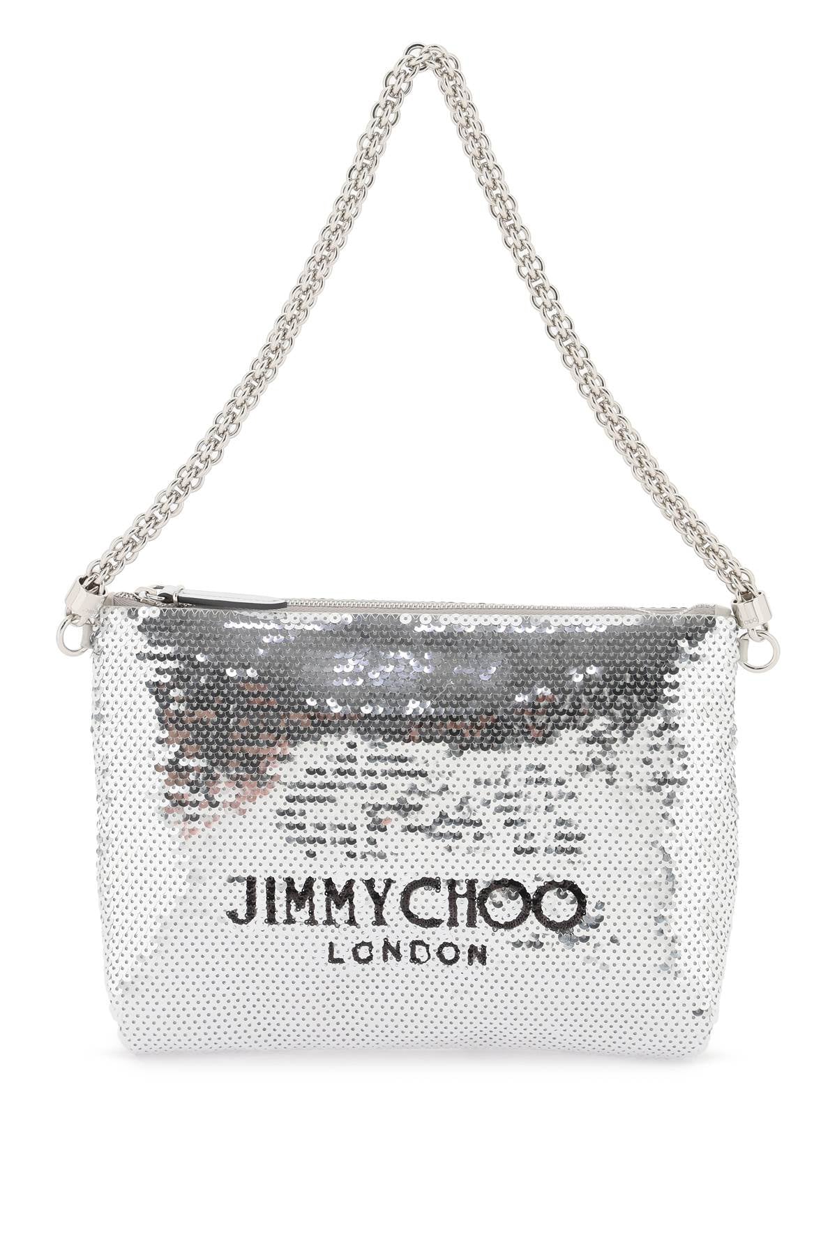 JIMMY CHOO Gray Sequin Shoulder Bag with Chain Handle and Logo Lettering